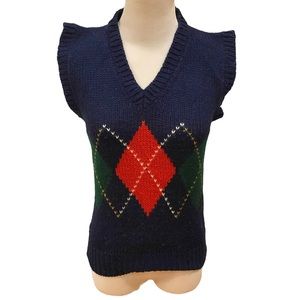 Vintage Navy Blue Argyle Sweater Vest Vneck S M Red Yellow Green Preppy Plaid
